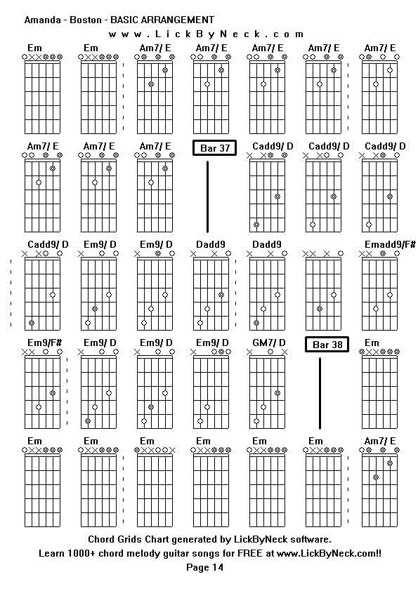 Chord Grids Chart of chord melody fingerstyle guitar song-Amanda - Boston - BASIC ARRANGEMENT,generated by LickByNeck software.